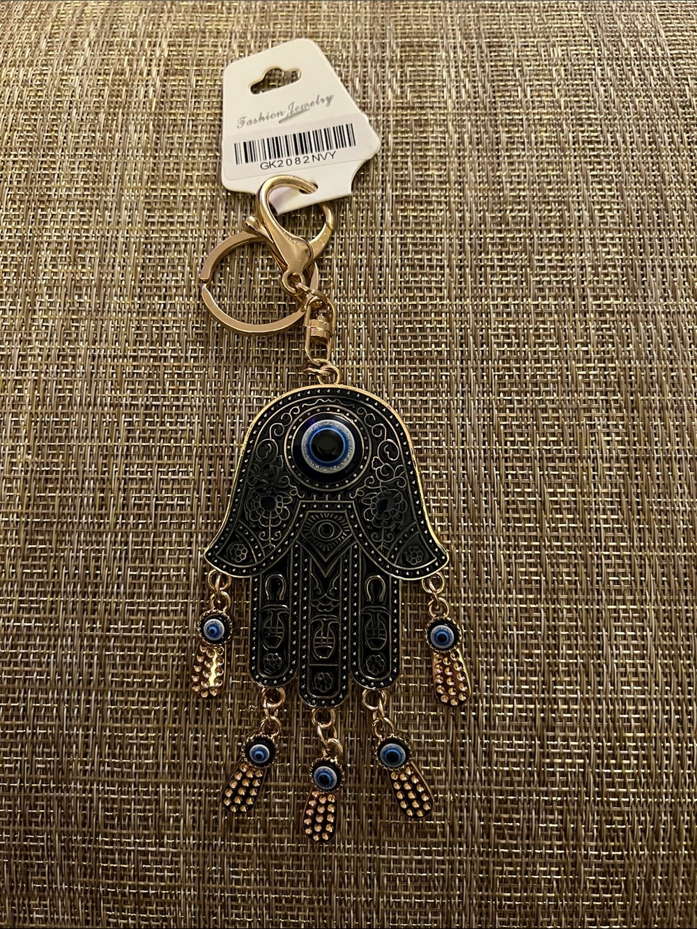 Gold-Tone Hamsa Hand Keychain with Blue Evil Eye Accent